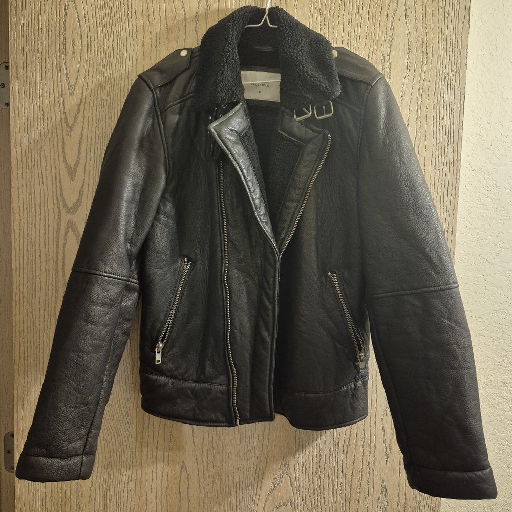 Bellfield Black Leather Biker Jacket with Shearling Collar